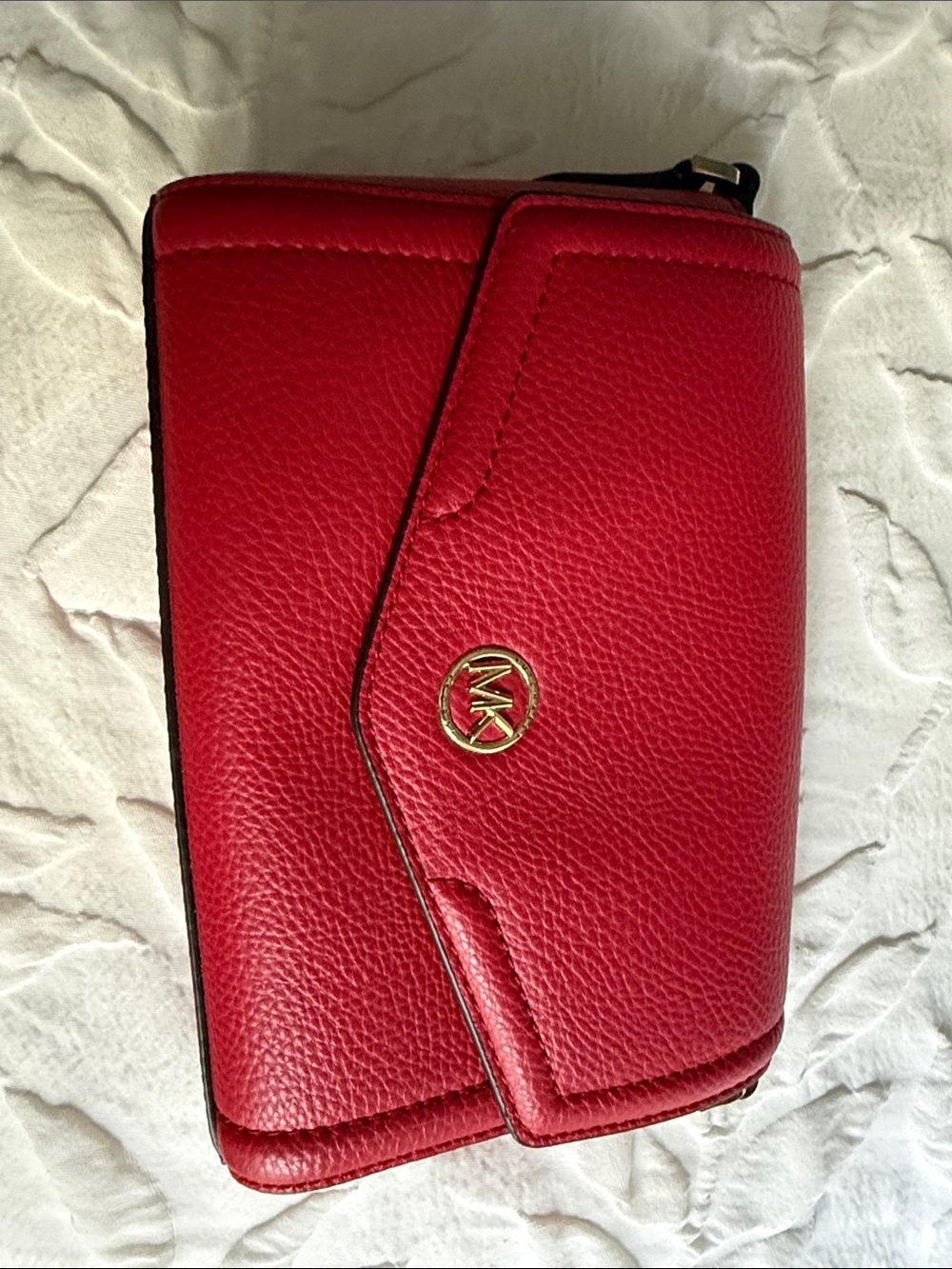 Michael Kors Red Pebbled Leather Compact Wallet with Gold MK Logo
